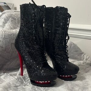 NWOT Pleaser Black and Red Sequin Lace-Up High Heel Boots Size 9 Womens